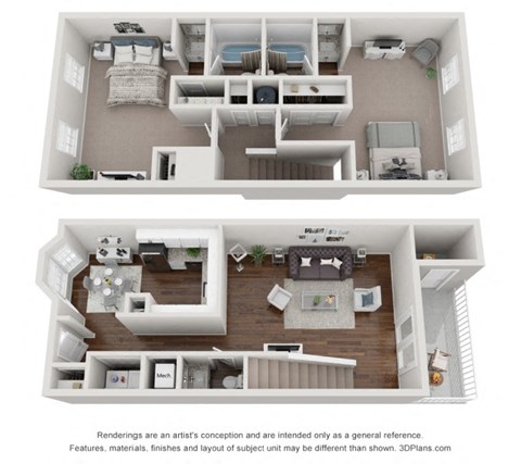 Floor plan for 2 beds, 2.5 baths, 1250 sqft